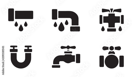 Принти на полотні Water leaking pipe and faucet vector icons set for plumbing service and maintenance design