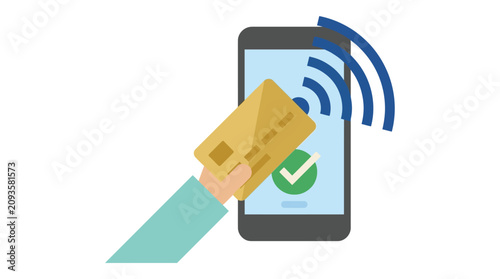 Hand holding credit card to smartphone for contactless payment, secure transaction.