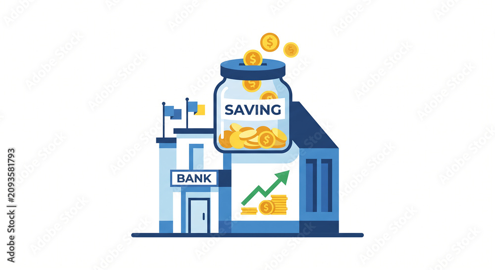 Obraz premium Bank building with a large saving jar full of gold coins and an upward trending graph representing financial growth and investment success