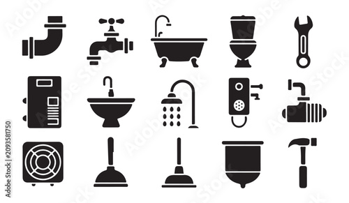 Fotografía Black silhouette plumbing maintenance icons featuring tools bathroom fixtures and hardware