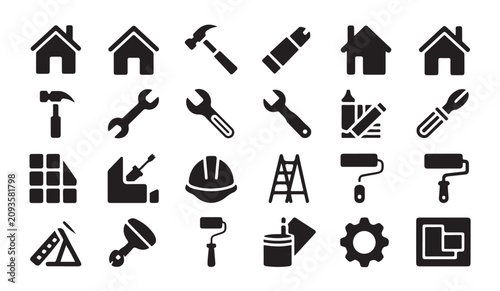 Home renovation and construction icons with tools hardware building symbols and equipment.