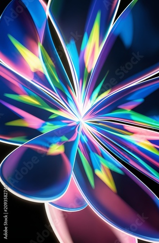 Abstract Vibrant Neon Light Flower with Colorful Glowing Petals on Dark Background