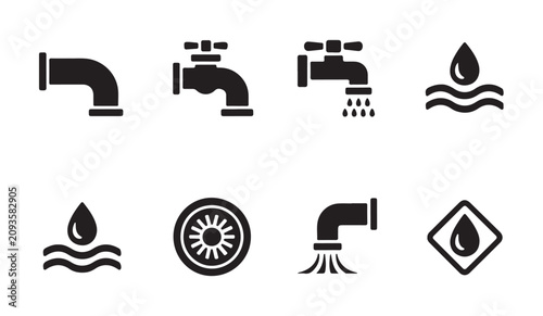 Bild auf Leinwand Collection of water supply and plumbing fittings icon set for home maintenance design