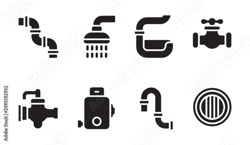 Bild auf Leinwand Set of plumbing and sanitary engineering icons for piping and water control systems