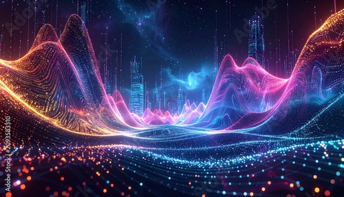 Abstract digital landscape with neon orange and purple waves.