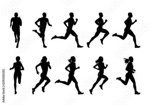 Run, set of isolated vector silhouettes of running people. Track and field athletes, group of running people