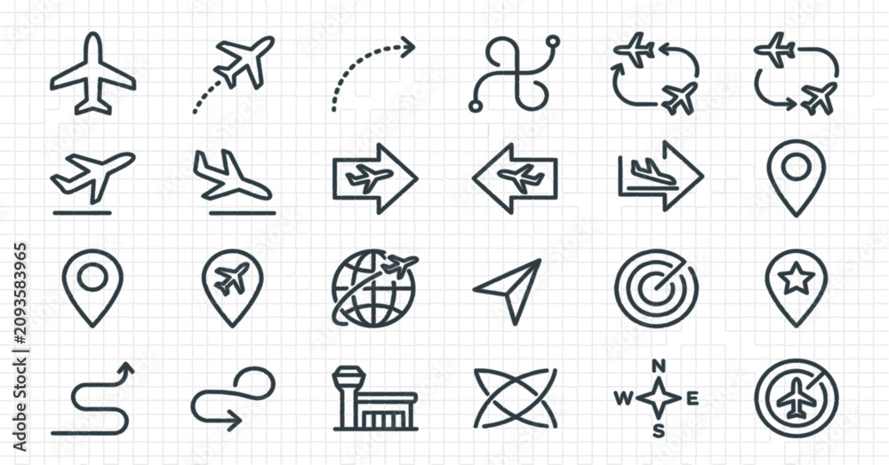 Fototapeta premium Aviation and Travel Icon Set with Airplane Flight Paths Navigation Map Pins and Radar Symbols for Logistics Apps and Websites