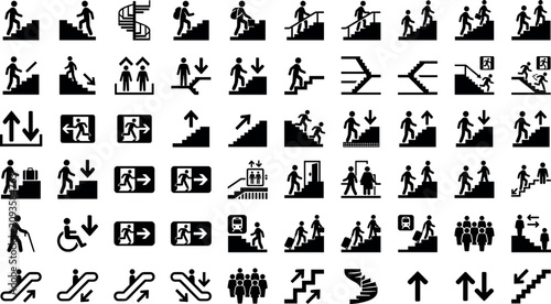 Comprehensive navigation sign bundle containing staircase climbing escalator elevator public transit accessibility and emergency exit pictogram icons, black vector silhouettes set.