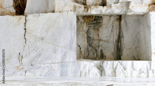 Workers extract large blocks of marble from the quarry in Italy. The stone appears smooth and well-defined as machinery operates in the area. Dust rises from the cutting process
