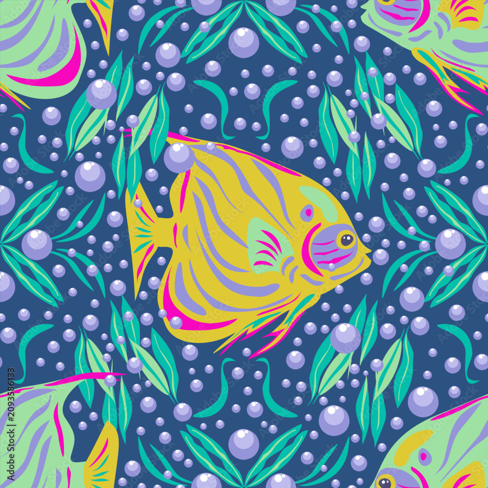 Fototapeta premium Tropical Fish Seamless Pattern, Underwater Marine Collection, Coral Reef and Bubbles Background