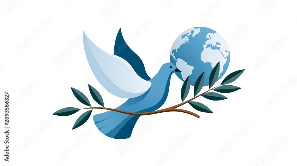 Obraz premium minimalist blue and white peace campaign poster featuring dove, olive branch and globe, clean modern design, white background