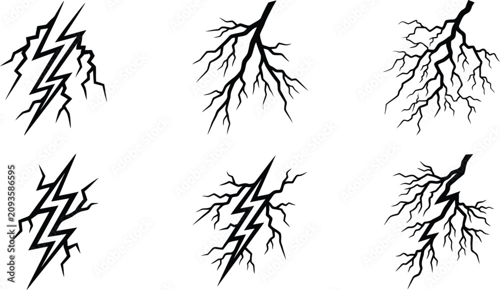 Fototapeta premium Six black and white lightning bolt illustrations vector graphics