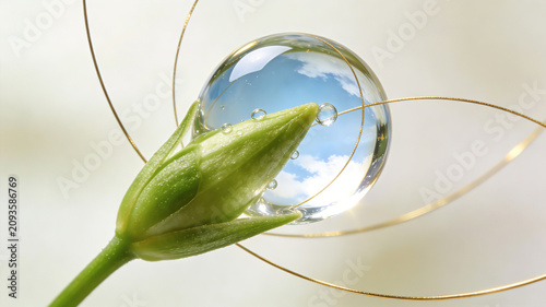 The flower bud holds the round drops reflecting the clear sky, representing the concept of budding repair, fresh essence and early anti-aging skin care essence
