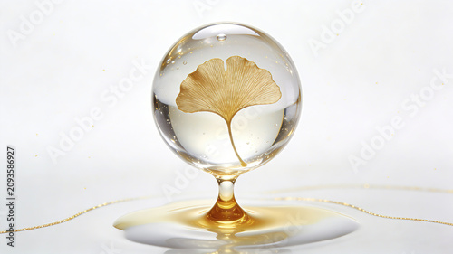 A transparent water ball seals a delicate golden ginkgo leaf, representing the concept of collecting plant extracts, firming and reducing wrinkles, and using noblewoman's essence for skincare

