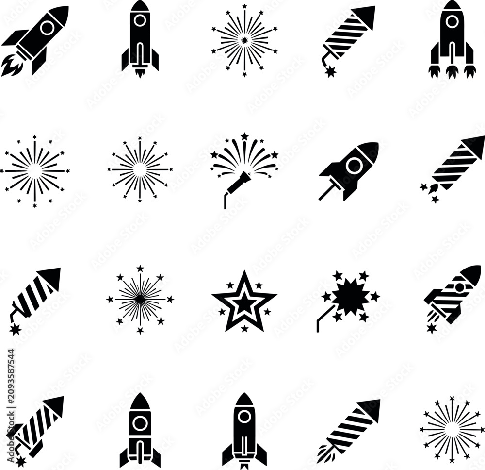 Fototapeta premium Black rocket and firework icon set depicting festive joy and bright explosive energy for a celebratory night event display.