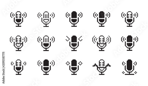 Cuadro en lienzo Set of pixel art microphone icons for sound recording and audio broadcast podcast design