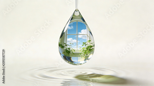 The water droplet sealed window scenery and fresh green plant scenery represent natural plant extracts, pure water sources, and the concept of gentle repair and skincare
