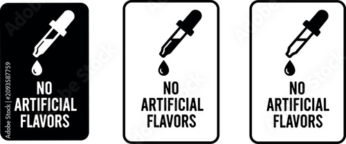 Photos Professional set of black and white no artificial flavors labels featuring a dropper icon for clean eating product design