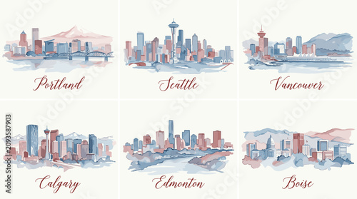 Artistic North American City Skyline Collection, Modern Watercolor Travel Vector Set in Coral and Blue Colors