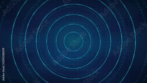 Abstract blue digital hud interface with rotating concentric circles and glowing data particles