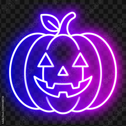 Neon Halloween pumpkin jack o lantern vector illustration glowing purple and blue light on dark background