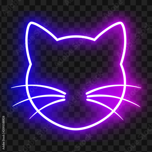 Glowing neon cat face outline vector illustration with purple and blue light on transparent background