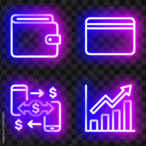Neon finance and online banking vector icon set with wallet credit card mobile transaction and growth graph wallet