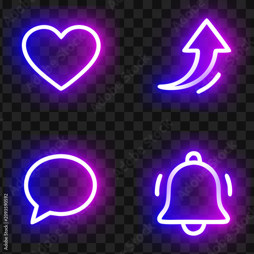 Glowing neon social media icons set with purple and blue heart share bubble and notification bell vector elements on transparent background