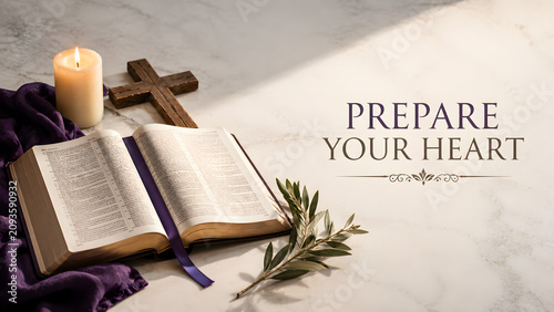 Open bible with a cross, candle, and olive branch for lent reflection
