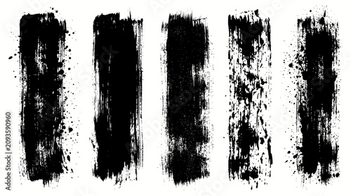 Canvastavla A collection of five black grunge paint brush stroke textures with varying degrees of splatter and opacity on a white background