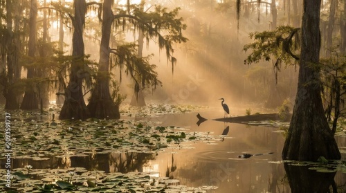 Ethereal Cypress Swamp at Sunrise with Golden Mist, Heron, Alligator, and Water Lilies