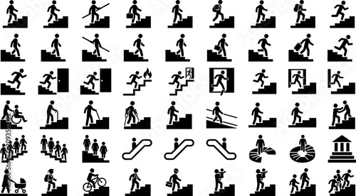 Emergency evacuation exit signs bundle containing escalator stairs climbing wheelchair accessibility fire safety and public infrastructure waypoint pictogram icons, black vector silhouettes set.