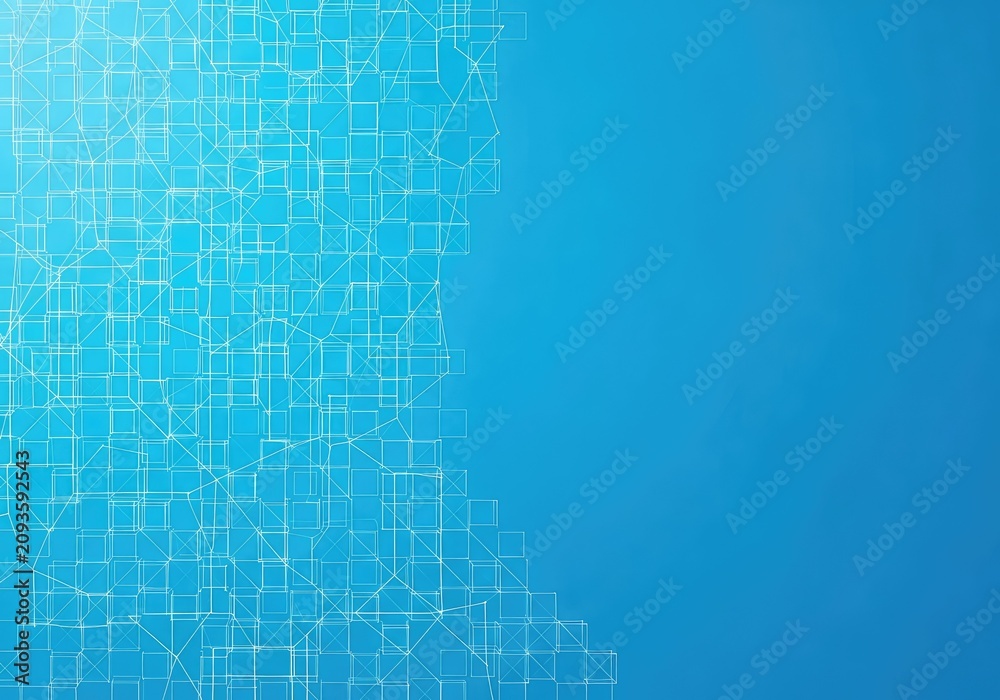 Obraz premium A sleek blue background features an intricate pattern of interconnected geometric squares and thin white lines creating a digital network, space, art, blueprint
