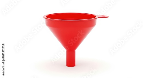 A bright red plastic funnel sits isolated on a clean white background, showing its smooth surface and practical design for liquid transfer, container, household, workshop