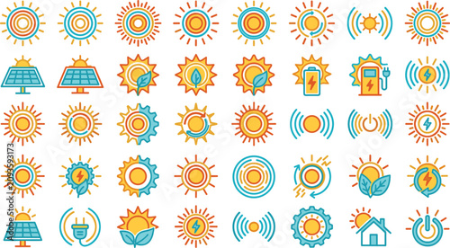 Bild auf Leinwand Solar Energy and Renewable Power Flat Vector Icons Set for Clean Technology and