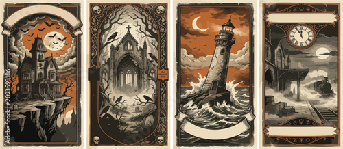 Bild auf Leinwand Set of halloween themed illustrations with haunted house, gothic church, lightho