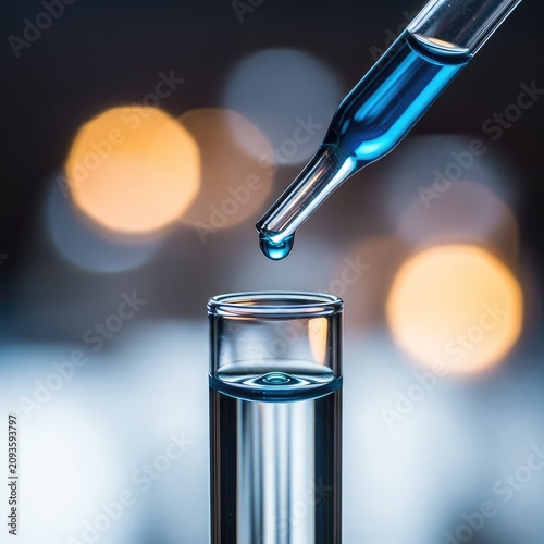 Detailed macro view of a glass pipette tip dropping blue liquid into a tube against a soft bokeh light background in a research laboratory, precision, pharmaceutical, development