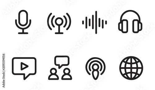 Quadro su tela Set of minimal outline icons representing audio podcasting and broadcast media elements