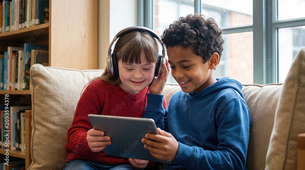 Fototapeta premium Children with headphones watching a tablet together in a library