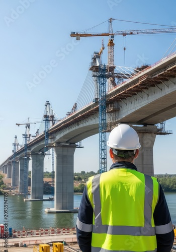 Rear view of high visibility yellow vest and white hard hat overlooking a massive concrete bridge project under construction site, project, river, concrete