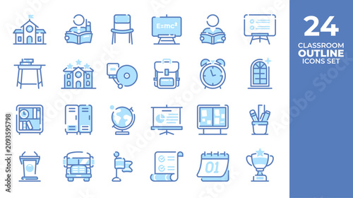 24 Classroom Outline Icons Set – School Education, Learning, Student, Teacher and Classroom Line Vector Collection