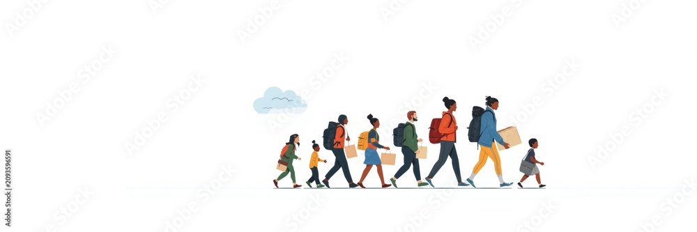 Obraz premium Diverse group of refugees and migrants walking together carrying backpacks and boxes in a flat style