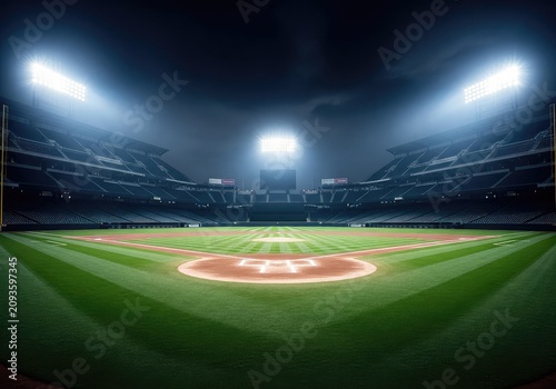 An empty baseball arena stands under brilliant night lights with a wide field view amidst a dark moody atmosphere and subtle misty smoke, scenery, twilight, equipment