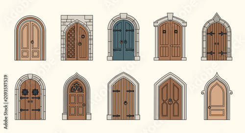 Antique wooden doors with arched stone frames in gothic and medieval styles, isolated on white.