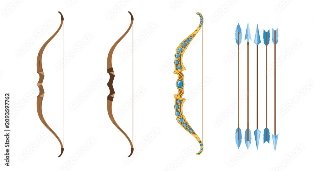 Fototapeta premium Elegant archery equipment featuring two simple wooden bows, one ornate golden bow with blue gems, and a set of arrows.
