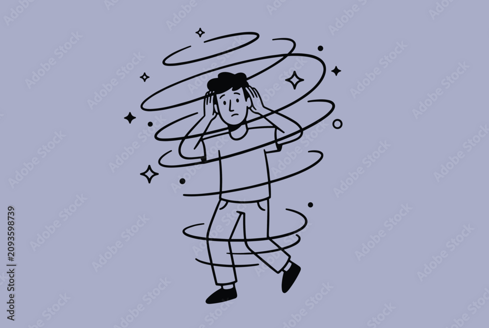 Obraz premium Stressed or dizzy man clutching his head surrounded by black spinning swirl lines representing confusion or vertigo.