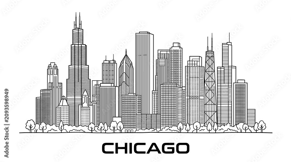 Fototapeta premium Minimal Gray Line Art Chicago Skyline with Iconic Downtown Skyscrapers and Modern Urban Vector Illustration