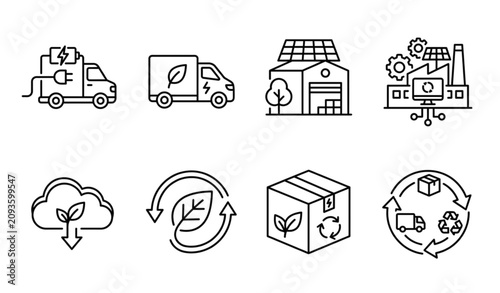 Obraz na płótnie Green Supply Chain Outline Icon Set with Sustainable Transport Climate Action an