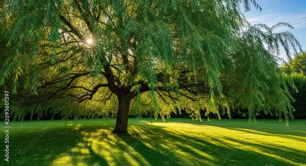 Fototapeta premium A sun-drenched summer afternoon beneath long swaying branches of a vibrant weeping willow tree casting soft shadows on lush green grass, garden, sunshine, weeping willow