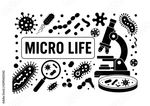 Bacteria Banner. Clean solid filled microbiology scene, microscope, microbes reaching edges. Headline: MICRO LIFE. White background black shapes. --negative prompt: color.